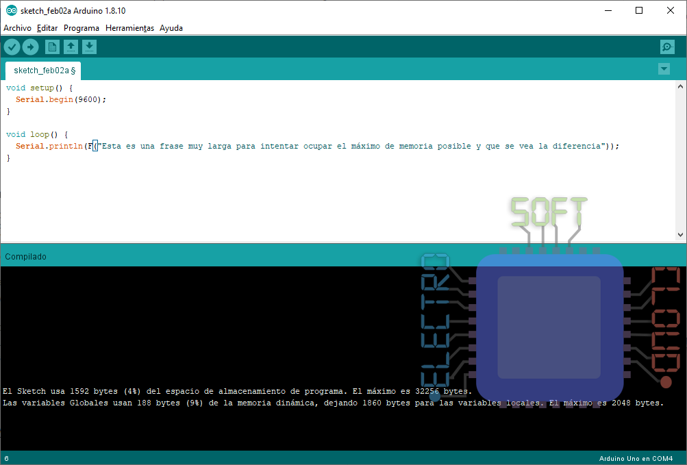 1592 bytes de almacenamiento (4%) y 188 bytes de SRAM (9%)