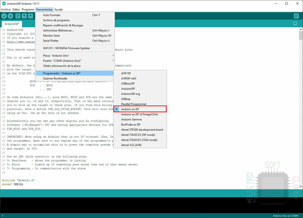 Programador > Arduino as ISP