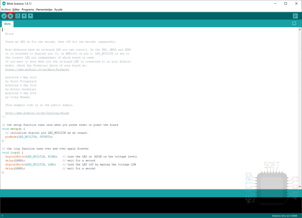 Pulsa el botón de programar como lo harías para un UNO.