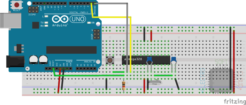 Conexión Uno y ATMega328p: RX, TX y Reset del UNO con el mismo del ATMega328p