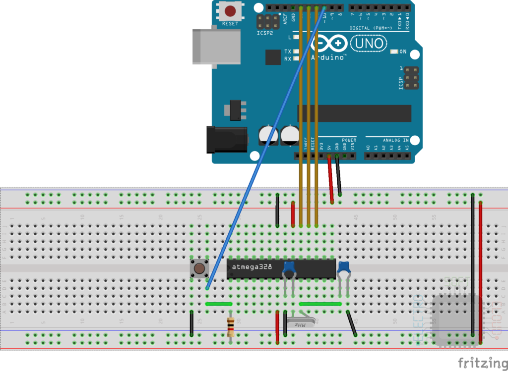 Esquema de montaje de un Arduino para quemar el bootloader de un ATMega328p