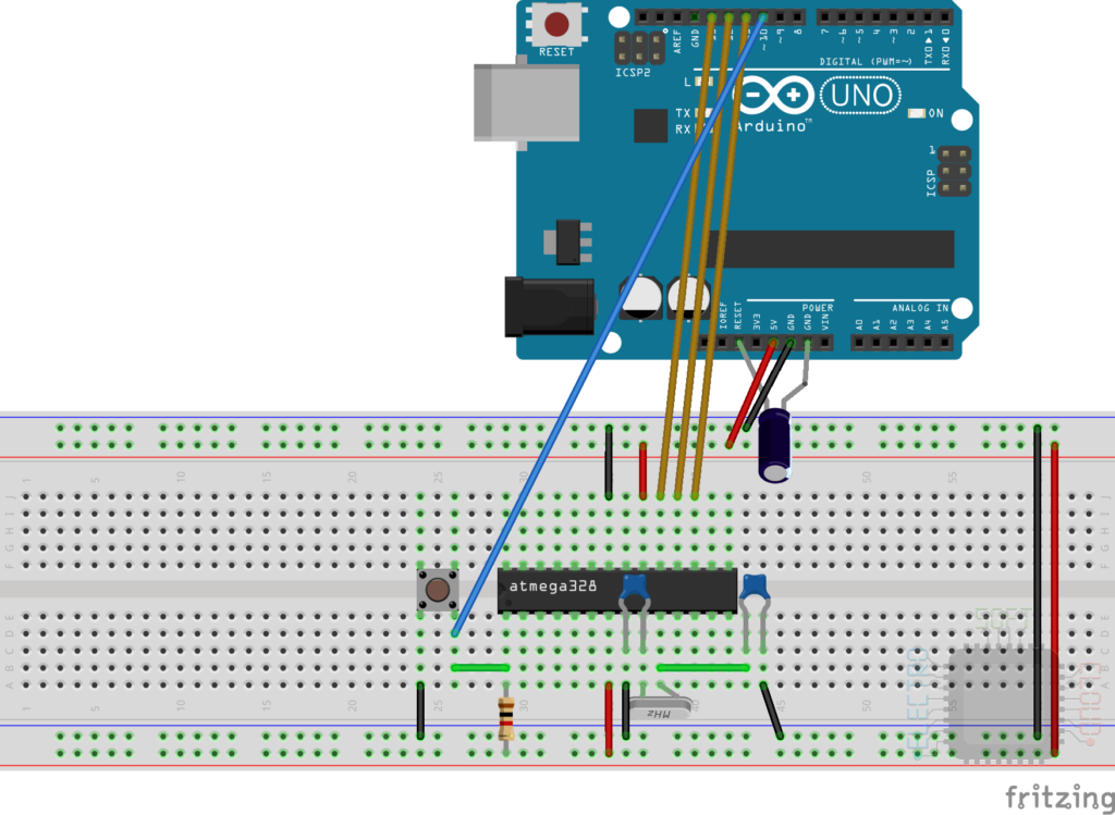 Esquema de conexión del Arduino UNO como programador, y el ATMega328p